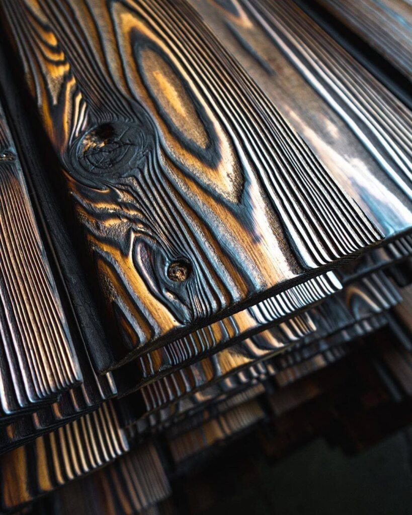 Stacked wooden planks with a black charred Shou Sugi Ban finish and golden grain.