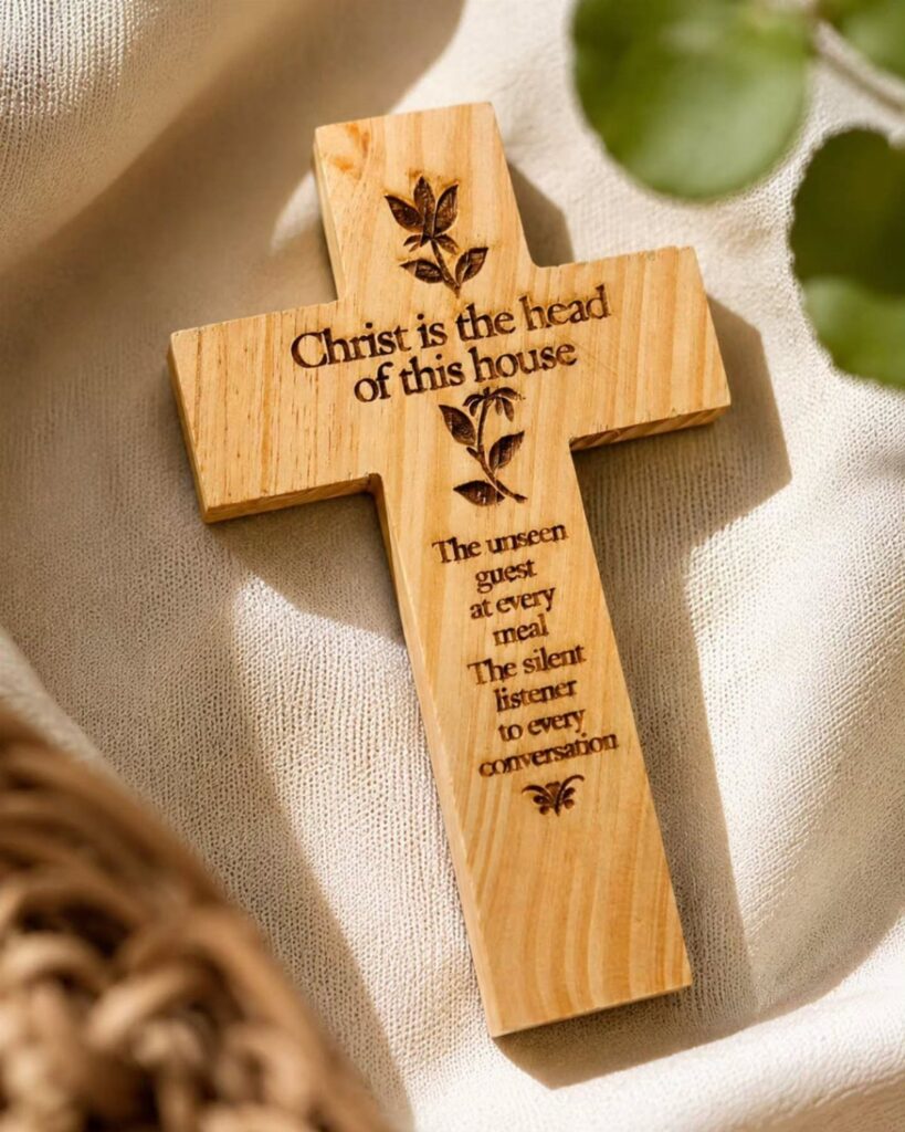 Wooden cross with engraved religious text resting on a soft cream fabric.