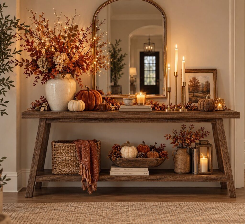 Rustic wood entry table decorated with autumn pumpkins and candles beneath an arched mirror.