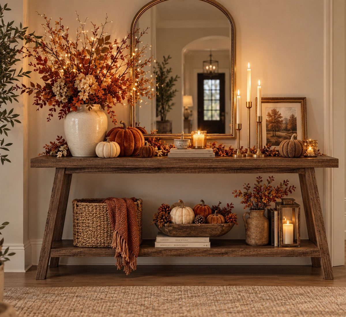 Rustic wood entry table decorated with autumn pumpkins and candles beneath an arched mirror.