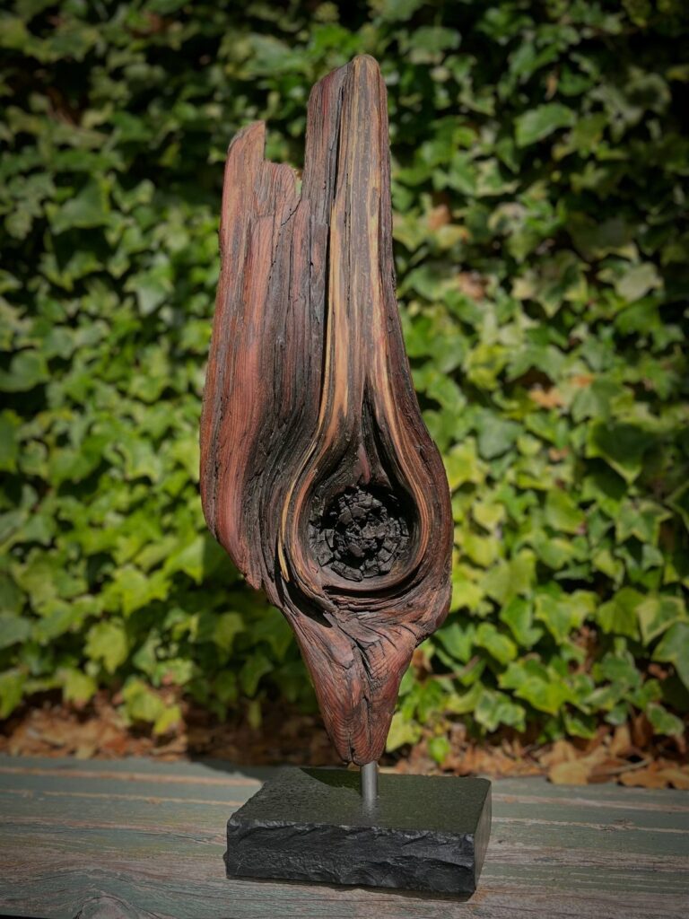 Weathered brown driftwood sculpture with a natural knot on a black base.