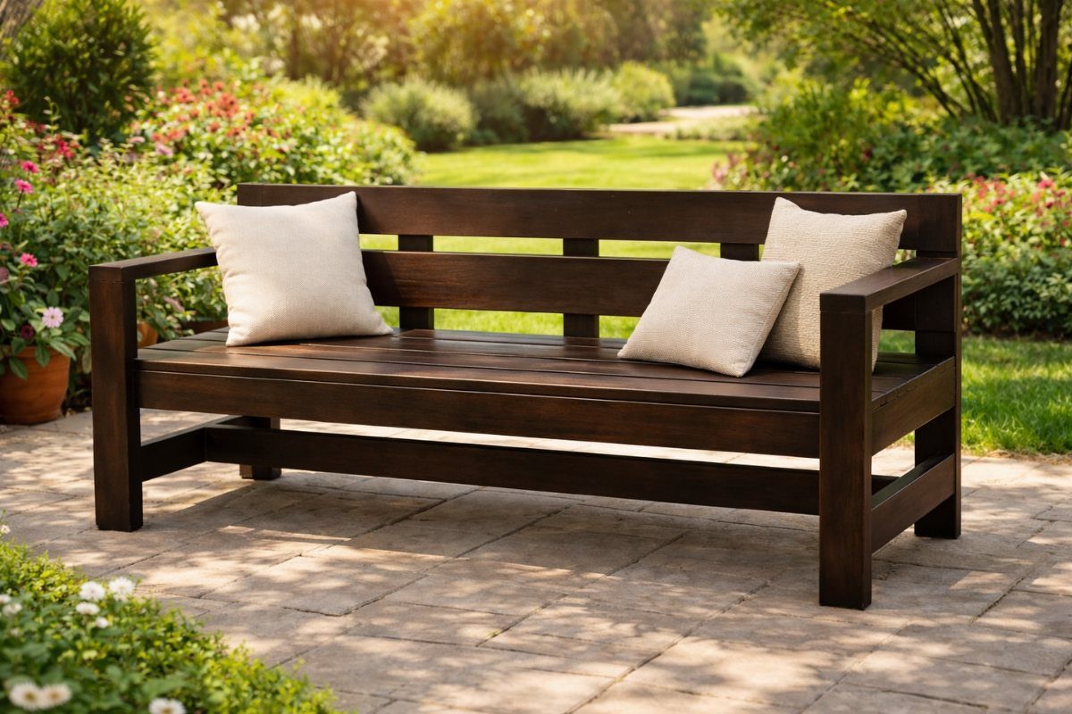 Dark brown wooden garden bench with beige pillows on a stone patio.
