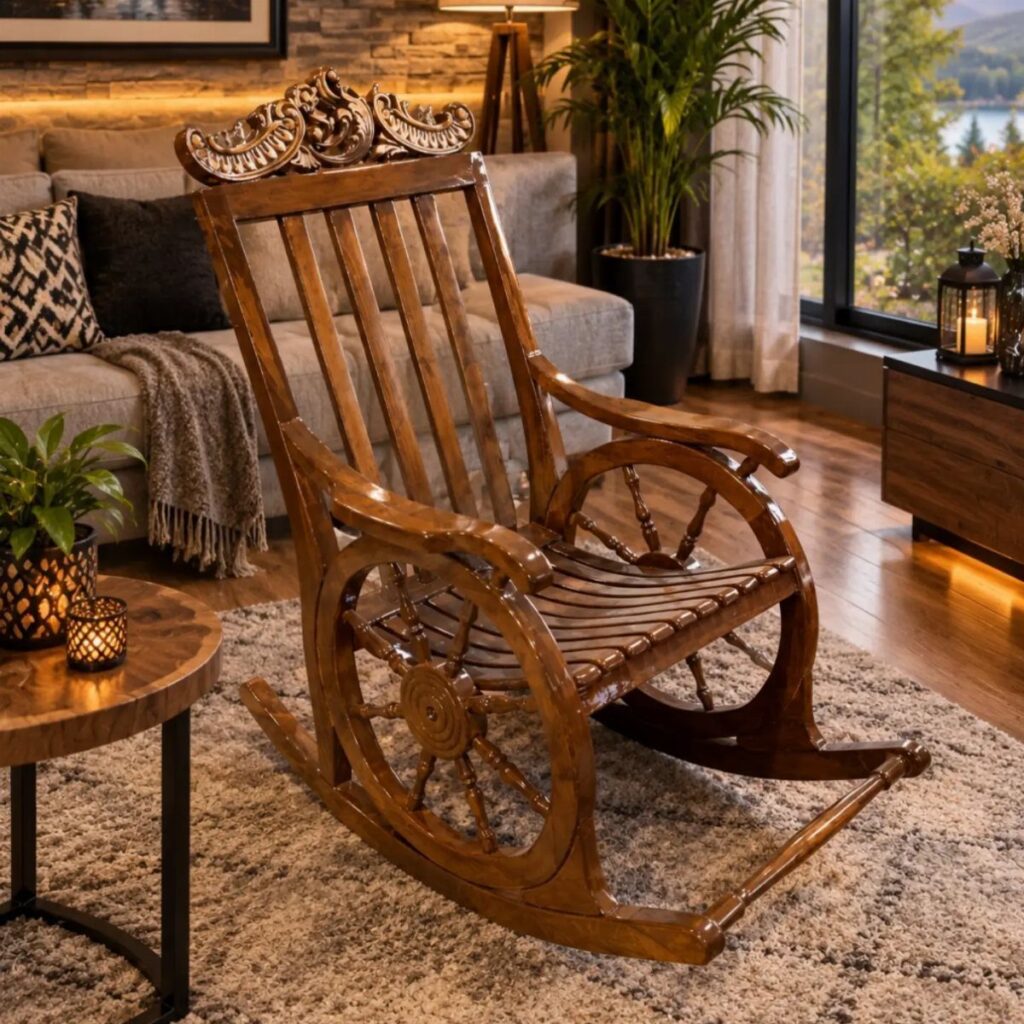 Wooden rocking chair with wagon wheel sides in a cozy living room setting
