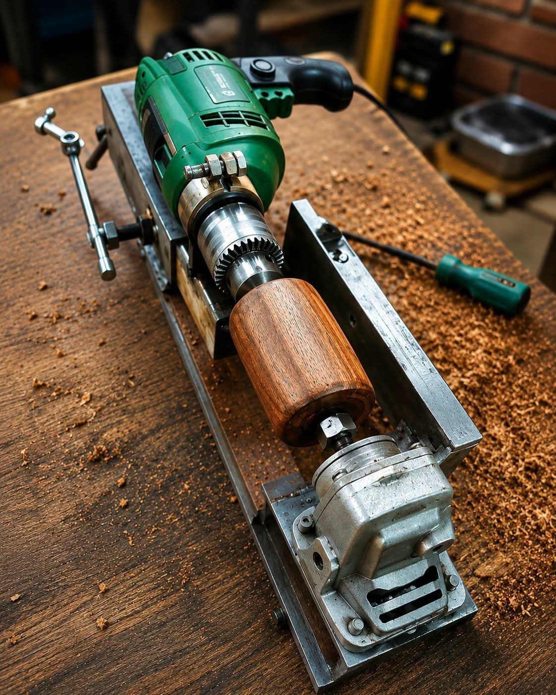 Homemade benchtop lathe with a green drill turning a piece of brown wood.