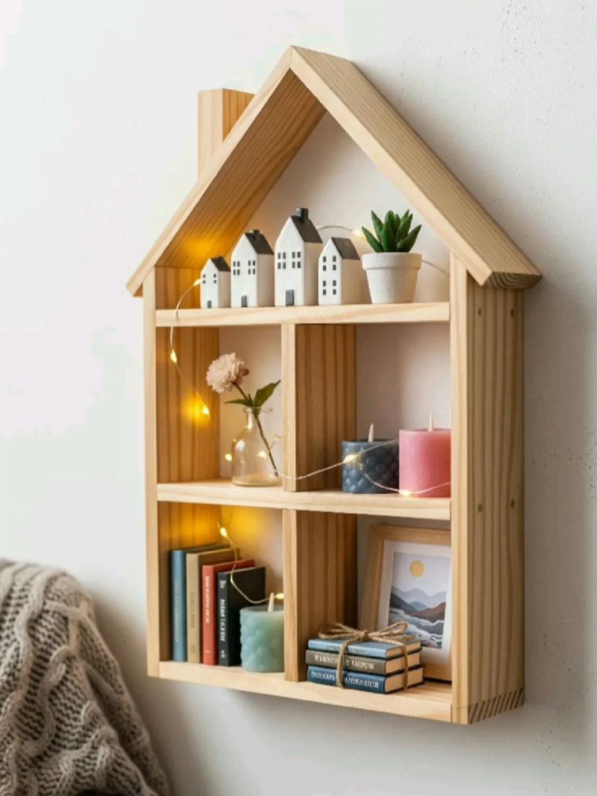 House-shaped wooden wall shelf holding miniature houses, books, and candles with fairy lights.