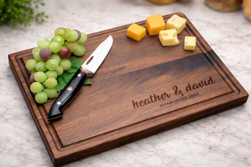 Personalized wooden cutting board with grapes, cheese, and a knife on marble.