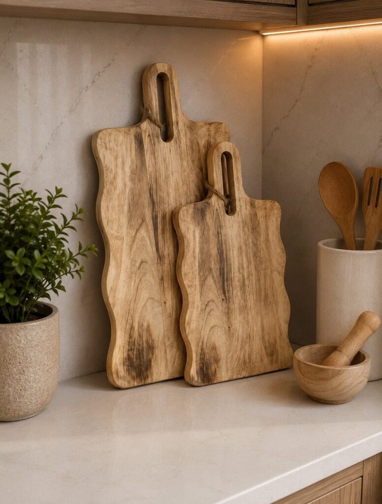 Two rustic wooden serving boards with handles leaning on a white kitchen counter.