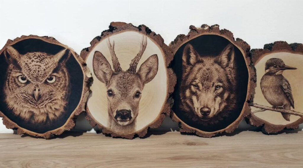 Four wood-burned animal portraits on natural wood slices featuring an owl, deer, wolf, and woodpecker.