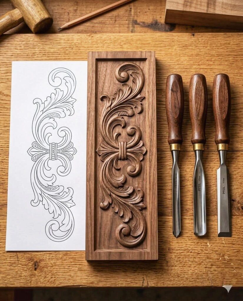 Carved wooden panel and matching line drawing pattern with carving chisels on workbench