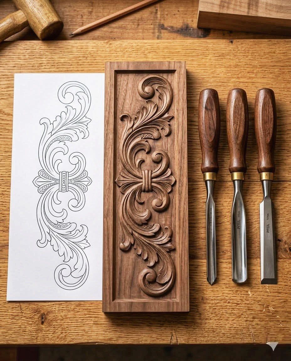 Carved wooden panel and matching line drawing pattern with carving chisels on workbench