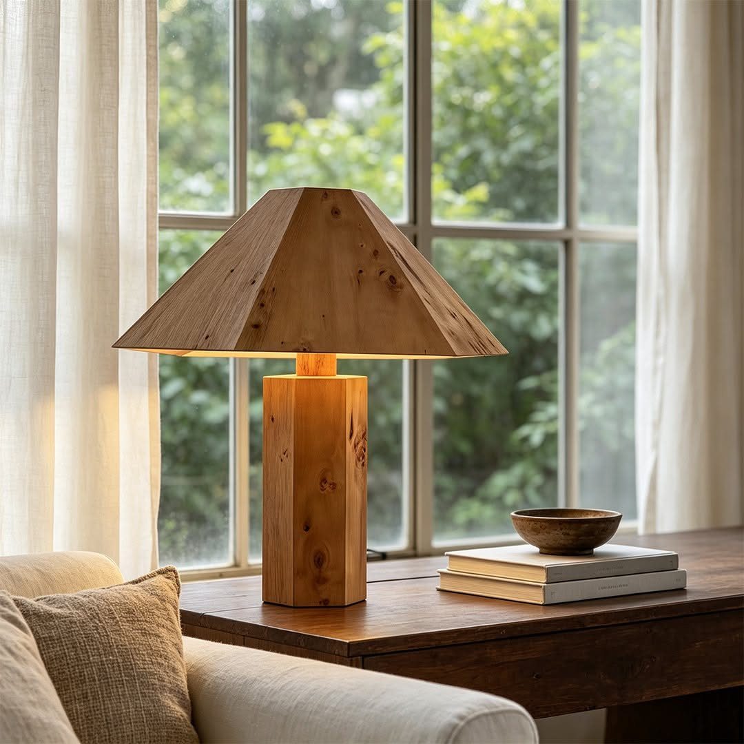 Wooden table lamp with pyramid shade on a dark wood table by a window