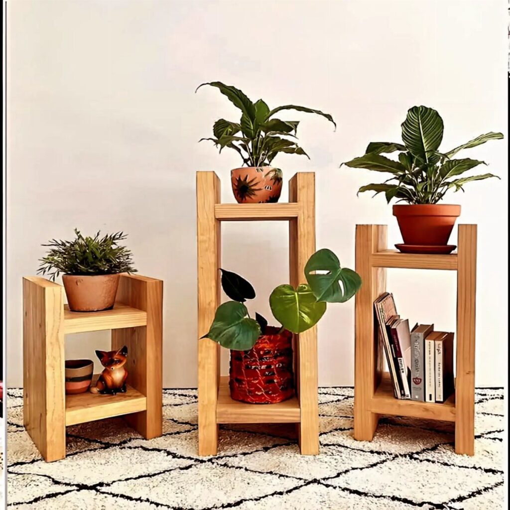 Three wooden plant stands of different heights holding potted plants and books.