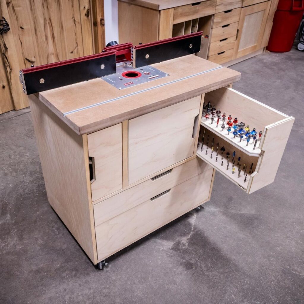 Plywood wood router table with a fence and open drawer of router bits.