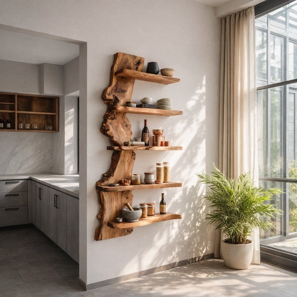 Live-edge wooden wall shelves holding kitchenware in a bright, modern room.