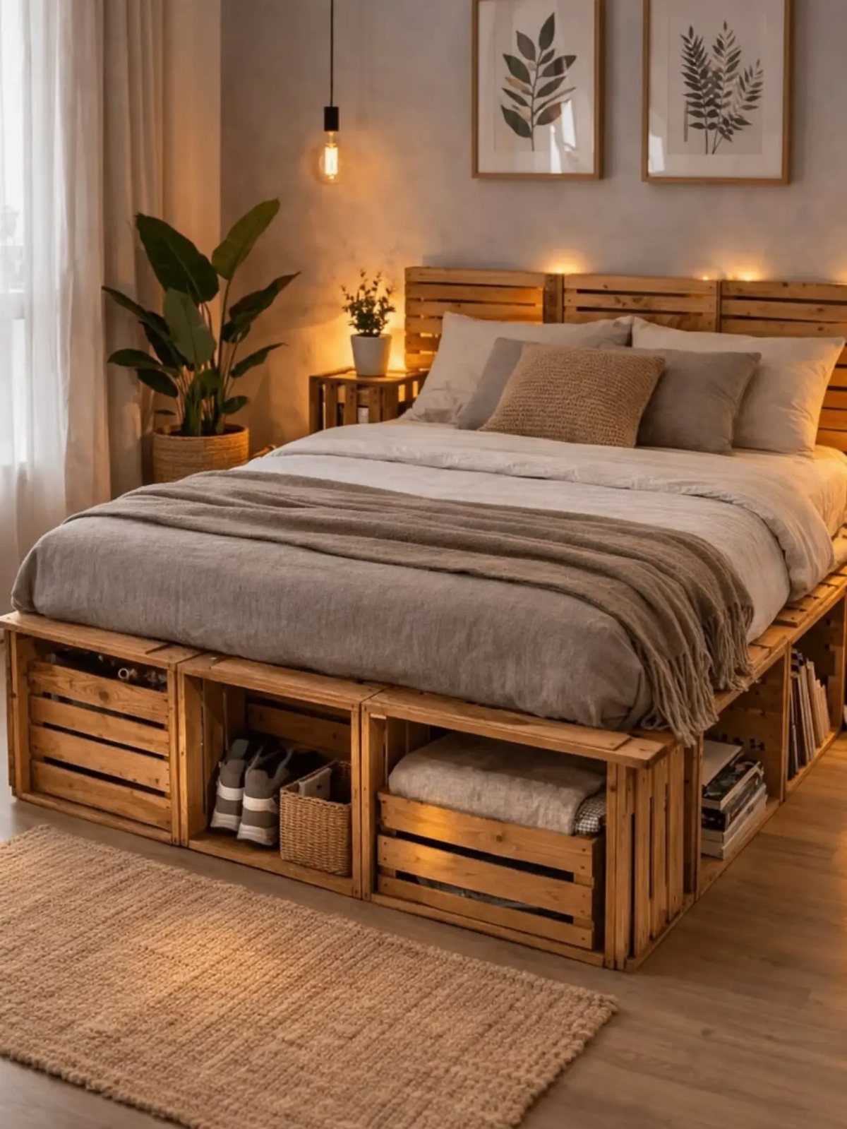 Wooden pallet crate bed frame with built-in storage in a cozy bedroom setting.